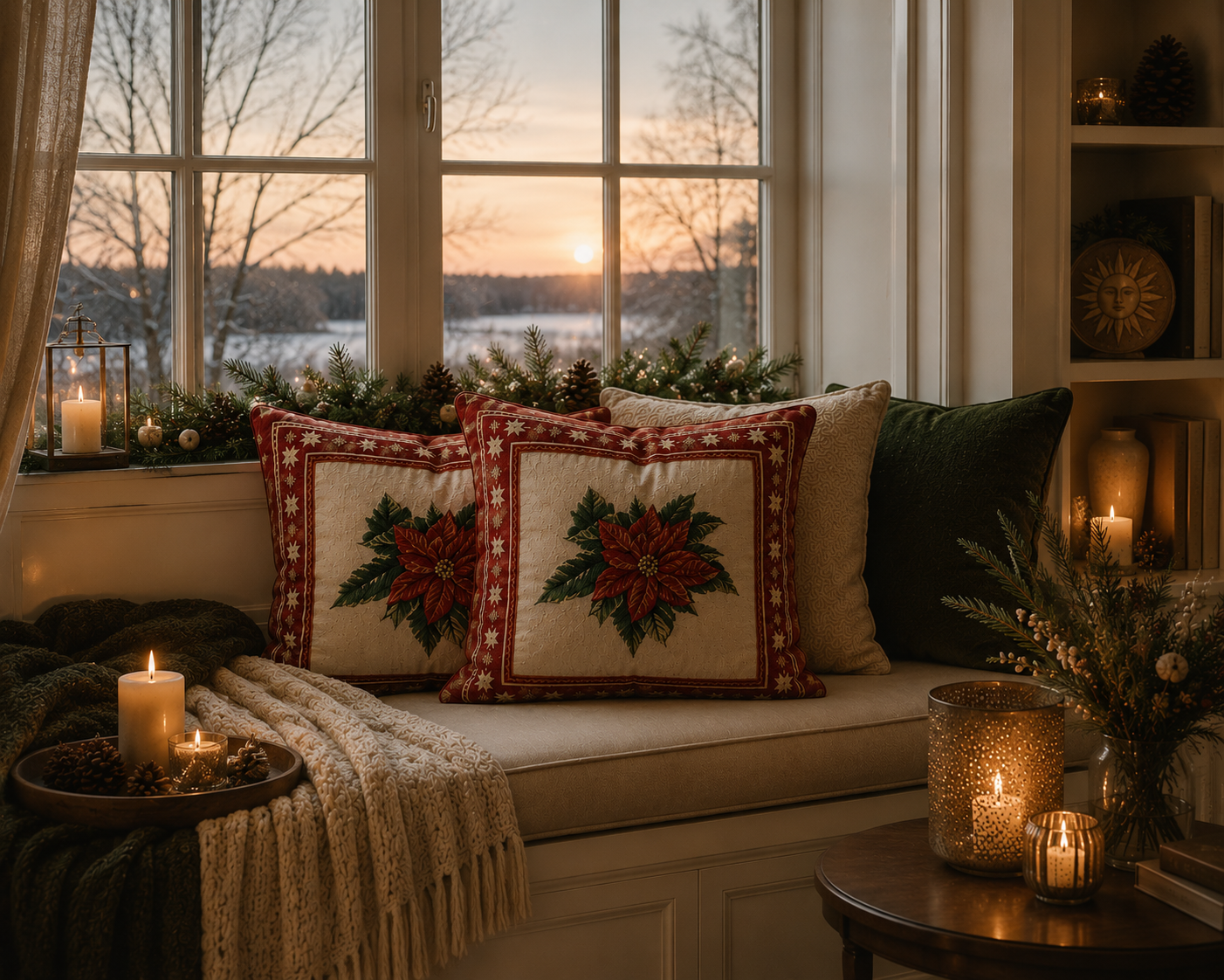 Floral Christmas Cushions: Poinsettia Fabric Pillow Pair