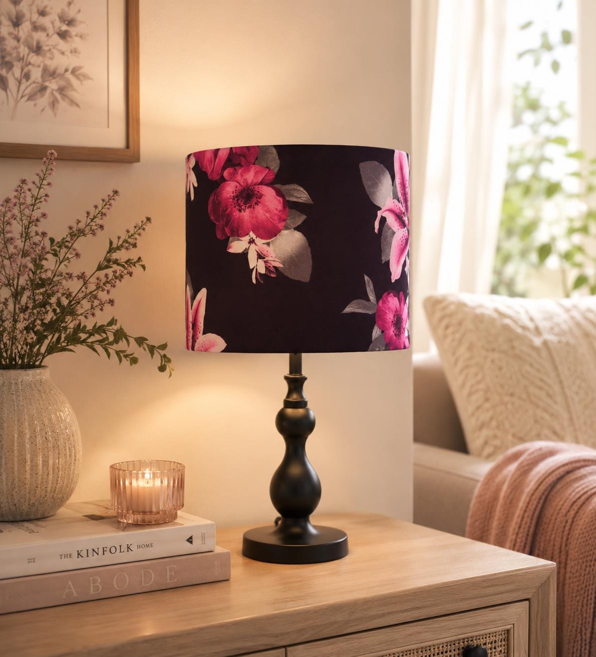 Floral Drum Lampshade: Vibrant Flower Print, UK/EU Fitting