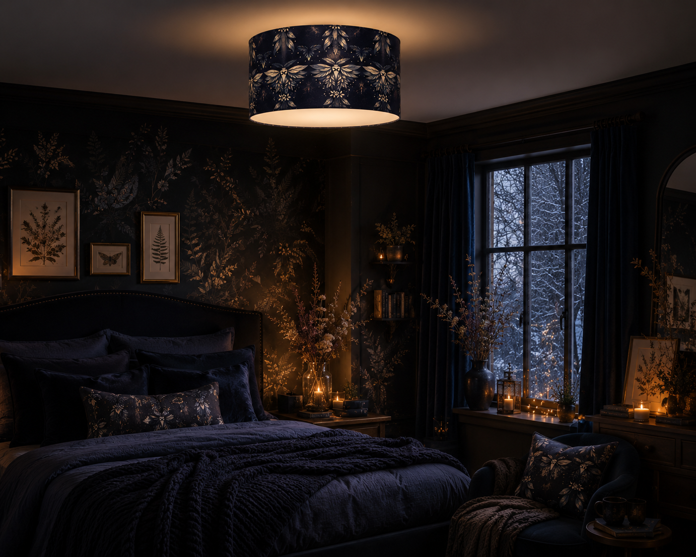 Blue Moth Lampshade 30cm Drum | Celestial Night Sky Design, Silver Inner (UK Made)