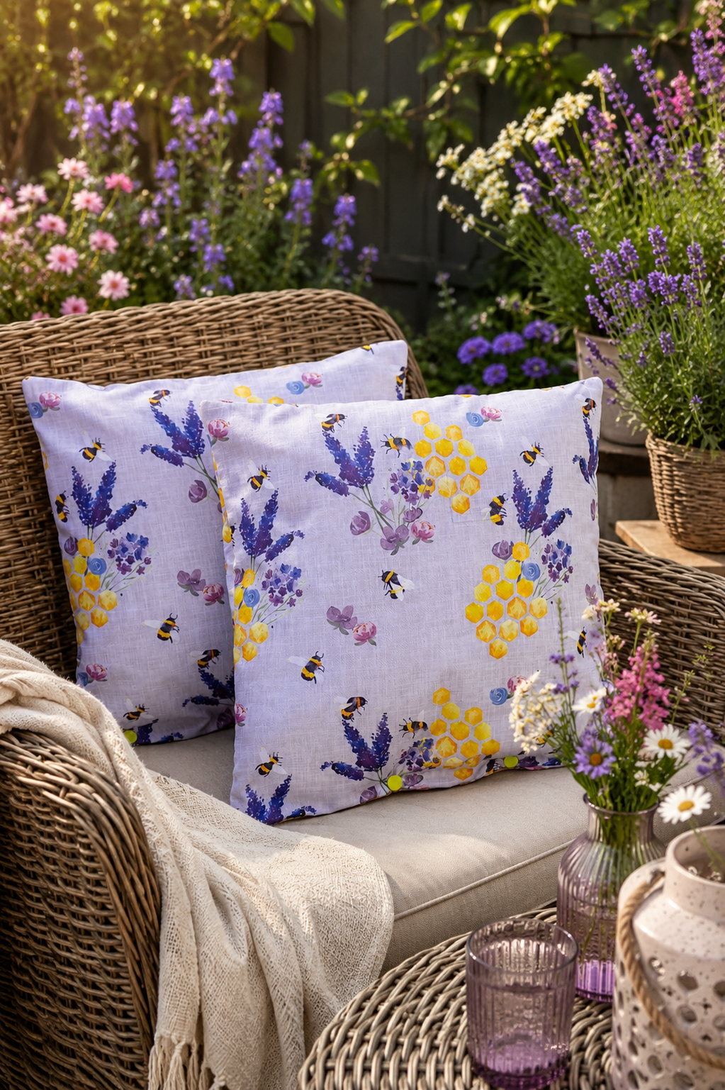 Water-Resistant Outdoor Pillows: Honeycomb Bee Floral Decor (Set of 2)