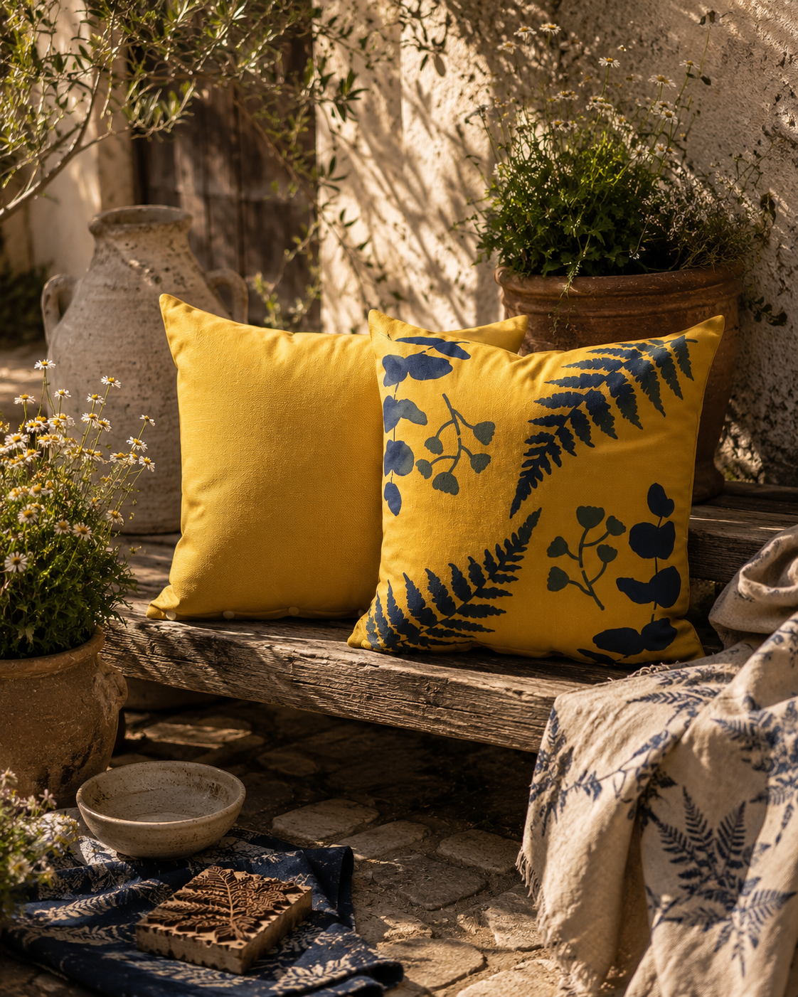 Floral Outdoor Cushions: Hand-Printed Yellow & Blue Water-Resistant Pillows