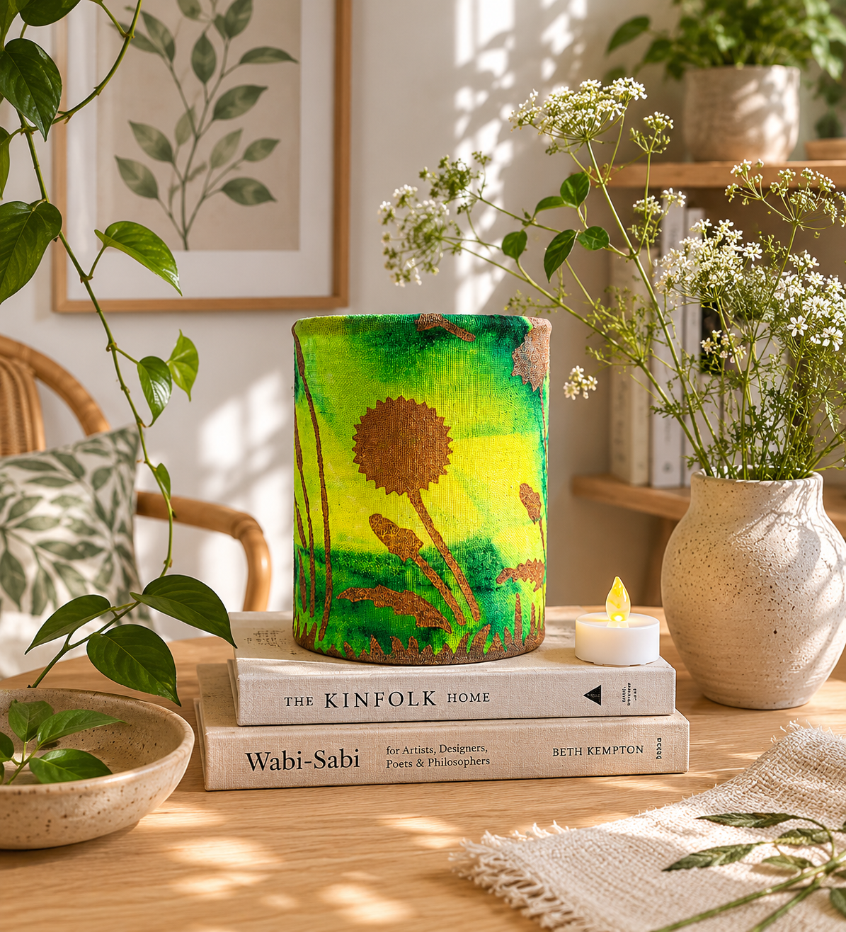 Hand-Dyed Fabric LED Lantern: Dandelion Flower Art Tealight Holder