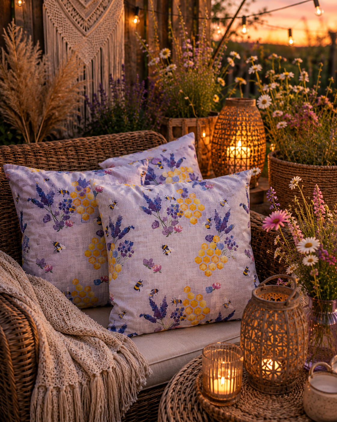 Water-Resistant Outdoor Pillows: Honeycomb Bee Floral Decor (Set of 2)