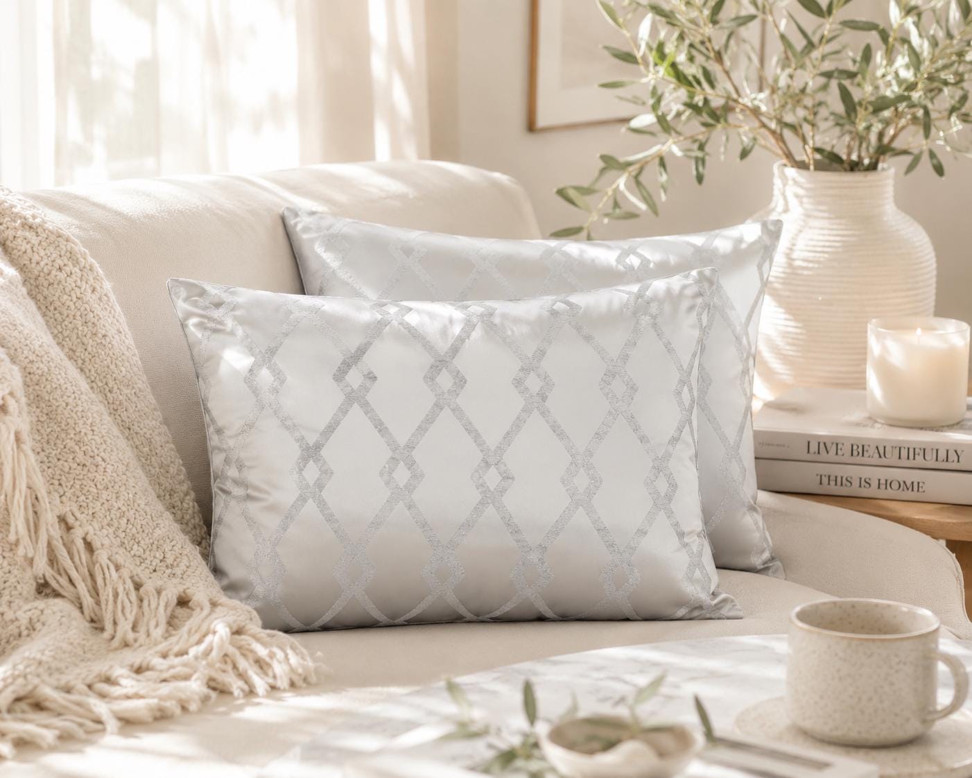 Geometric Silver Grey Cushions: Minimalist Home Decor, Rectangle Pillow Pair
