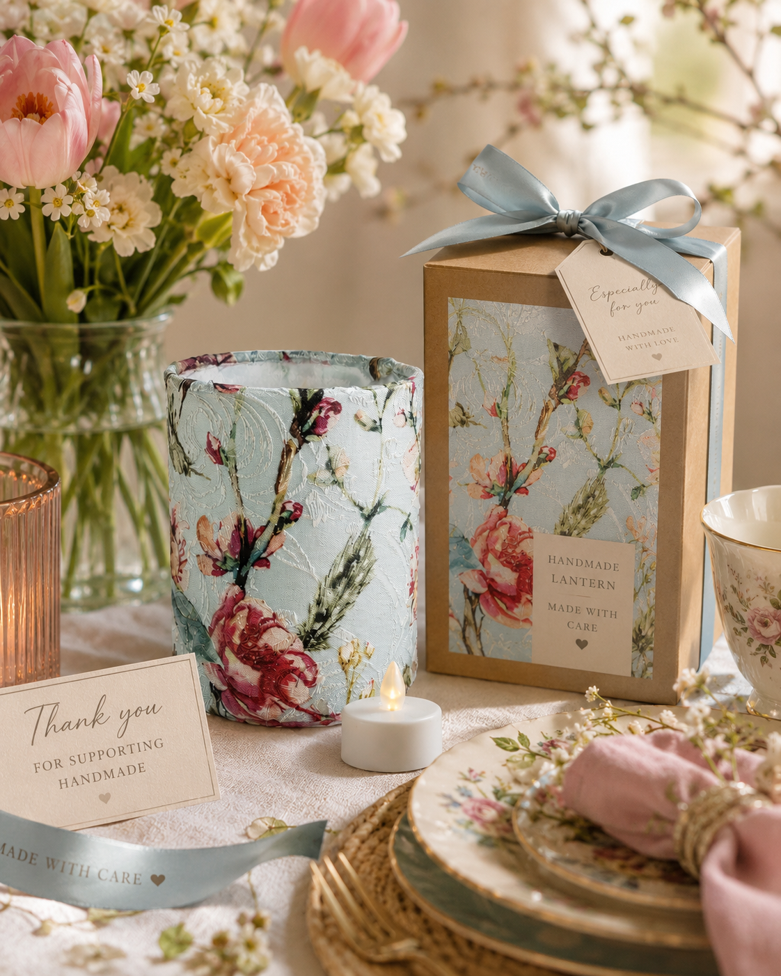 Handmade Floral Fabric Tea Light Lantern: Teal Home Decor