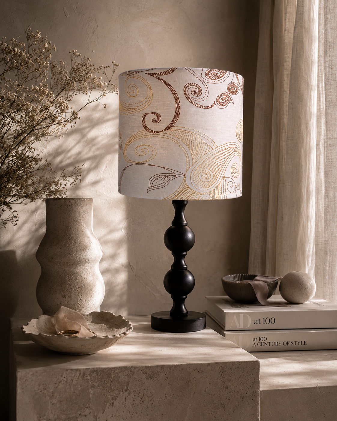 Neutral Paisley Drum Lampshade: Minimalist Table/Pendant Light