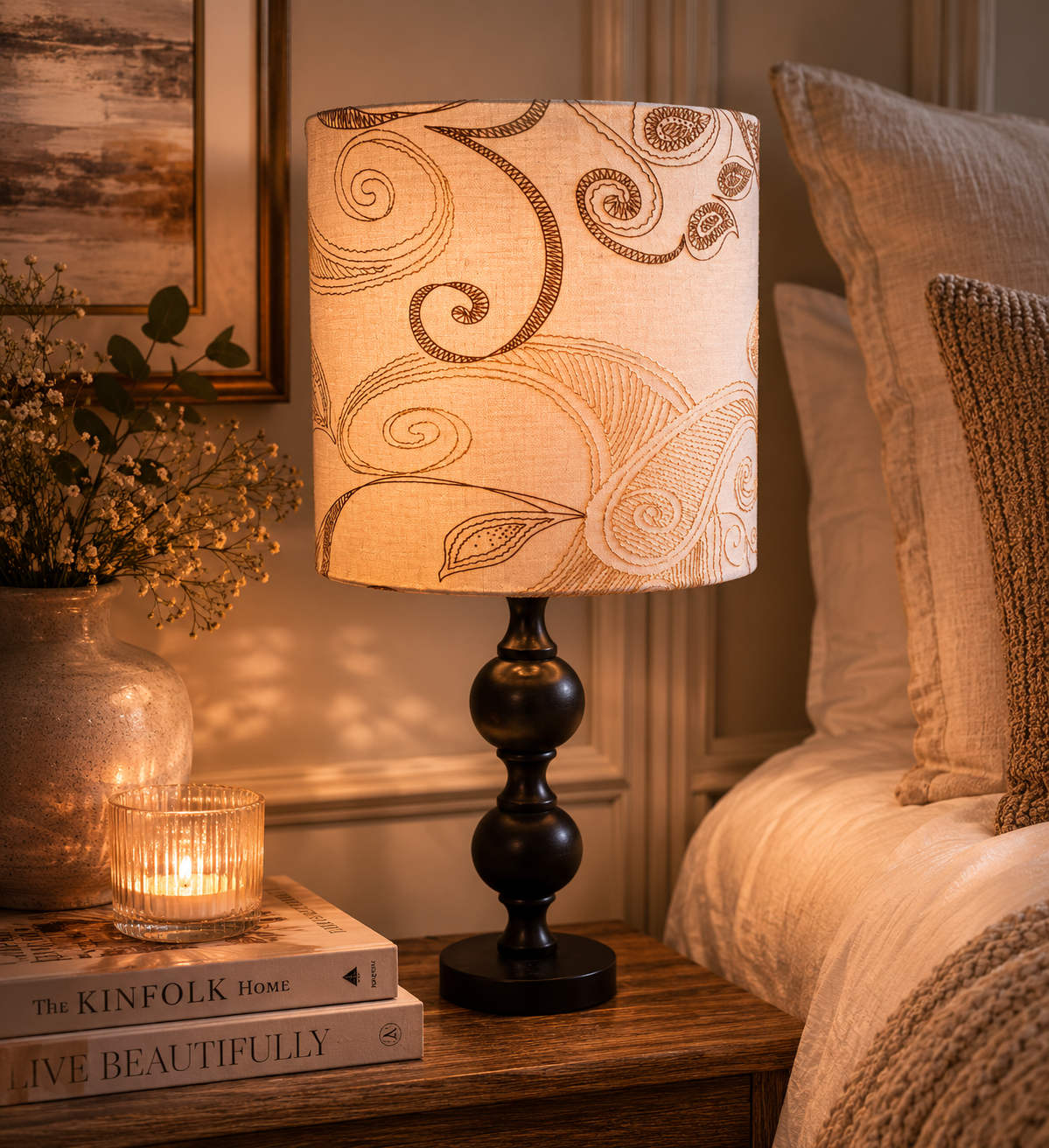 Neutral Paisley Drum Lampshade: Minimalist Table/Pendant Light