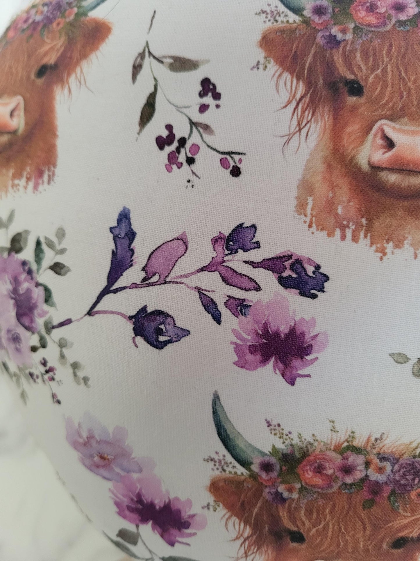 Highland Cow Cushion: Floral Print, Purple Velvet Back