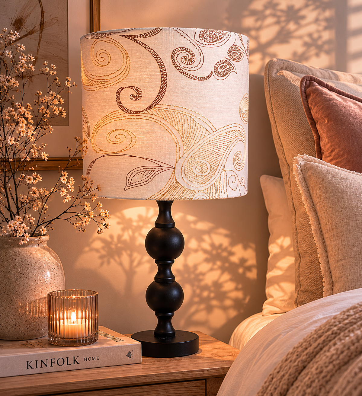 Neutral Paisley Drum Lampshade: Minimalist Table/Pendant Light