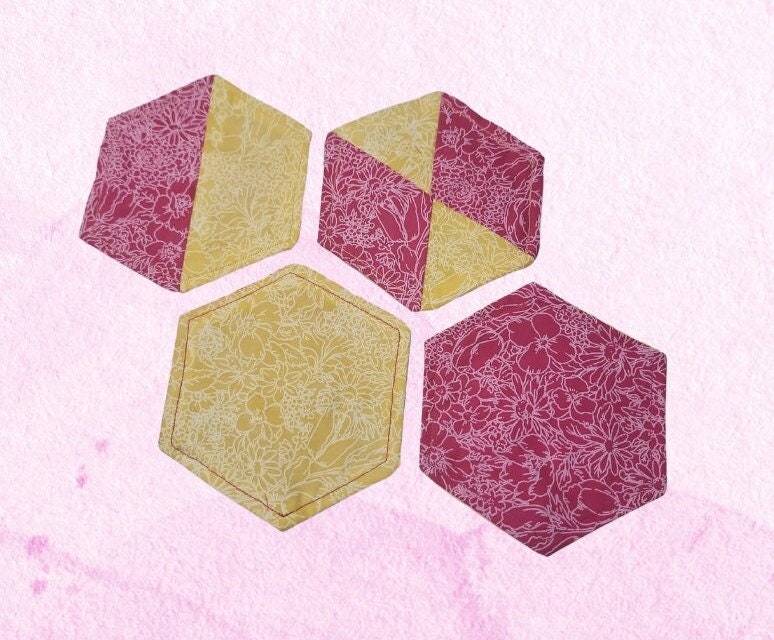 Floral Fabric Coasters: Set of 4 Hexagonal, Yellow & Pink