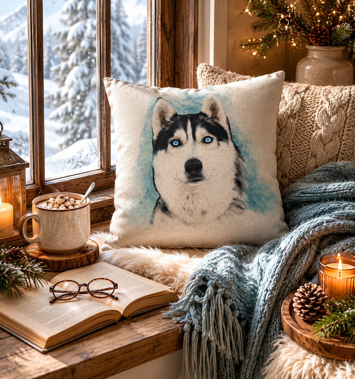 Husky Dog Print Cushion: Cotton Linen Pillow, Animal Lover Gift