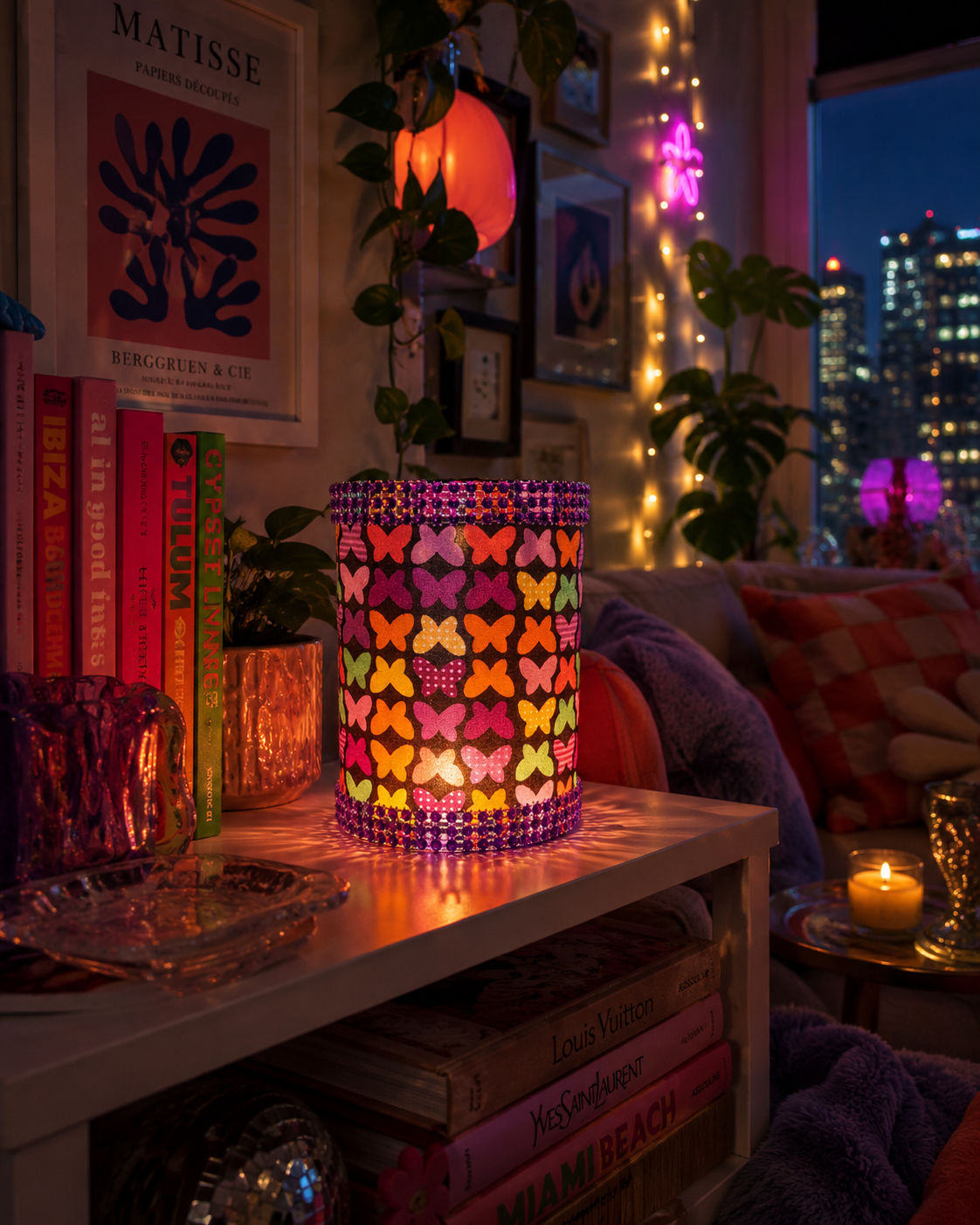 Butterfly Fabric Tea Light Lantern: Handmade LED Holder with Rhinestone Trim