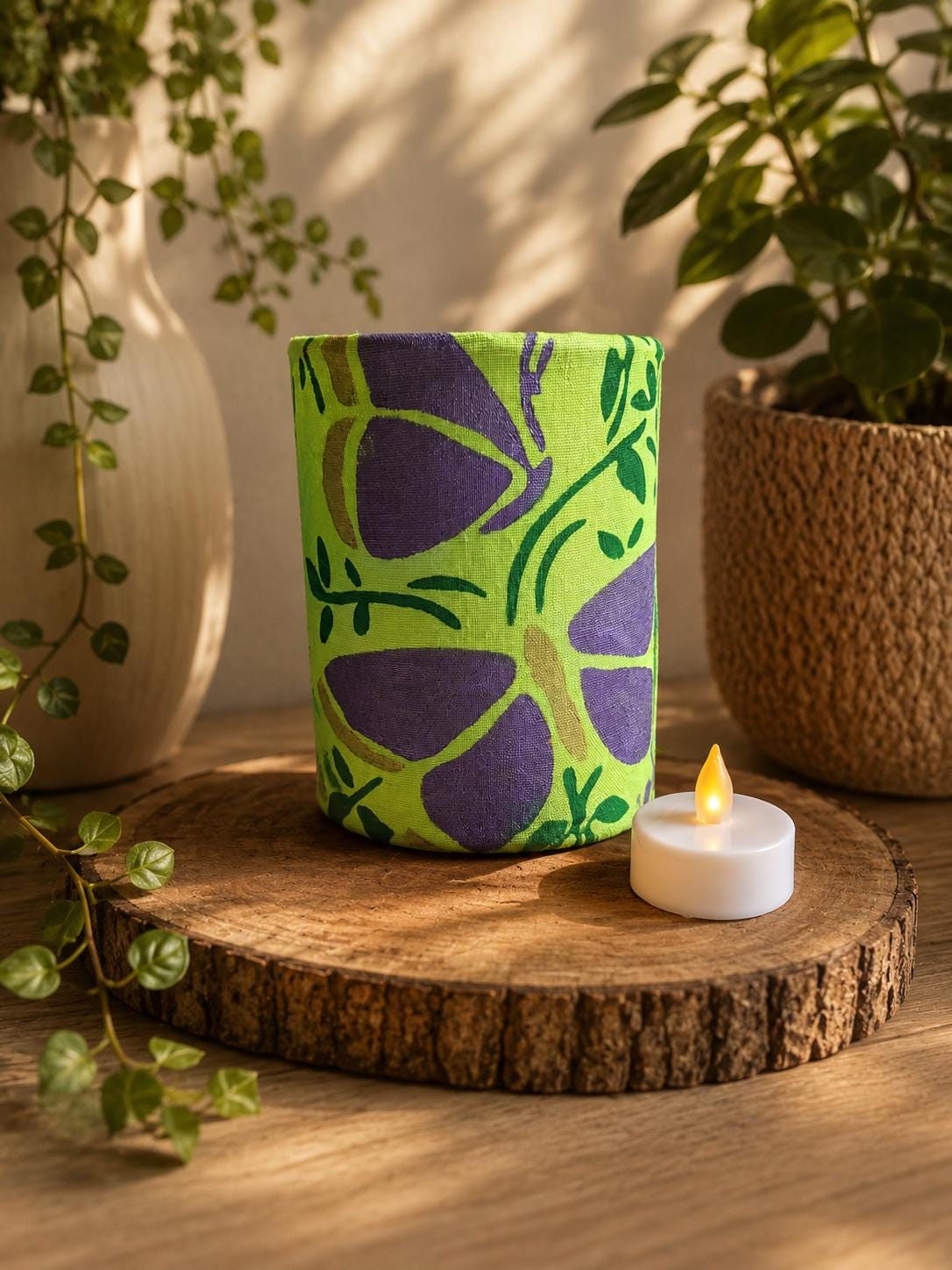 Handdyed Fabric LED Lantern: Teal, Purple, and Green Floral Decor