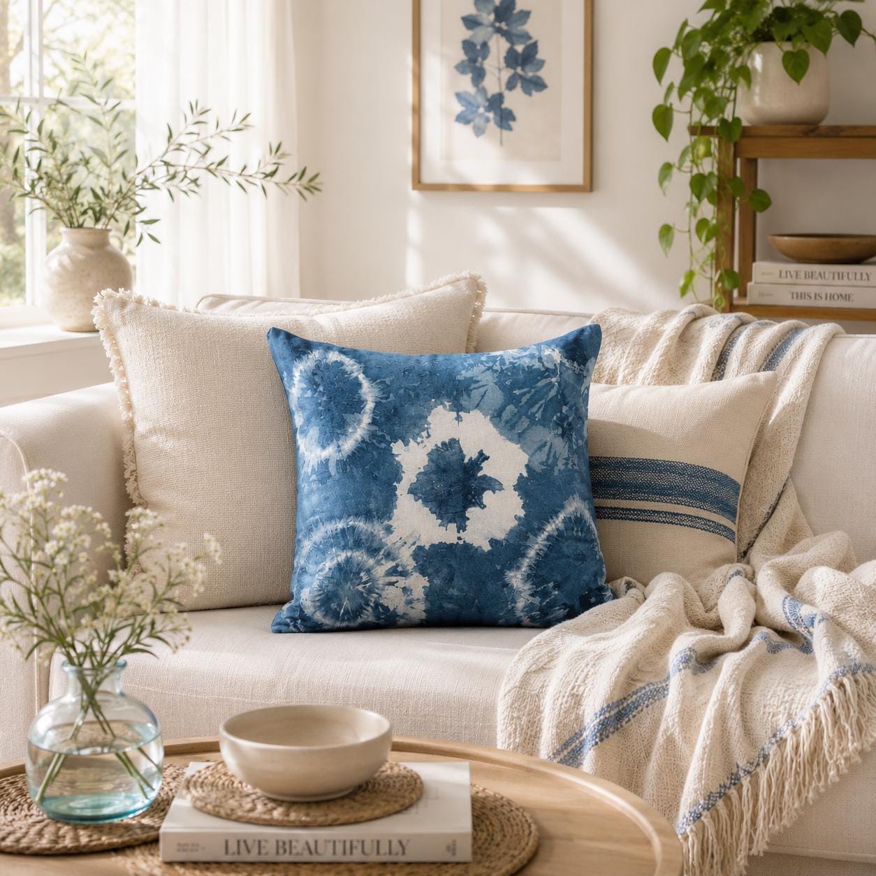 Hand-Dyed Indigo Shibori Cushion: Blue & White Cotton Decor