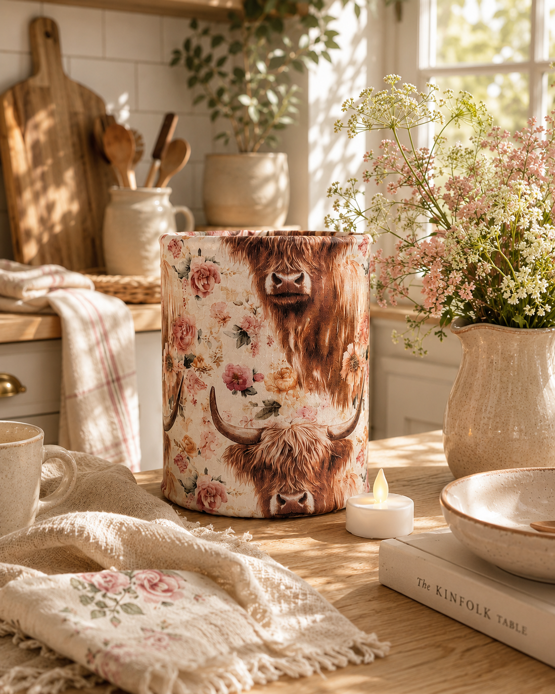 Highland Cow Fabric LED Lantern: Farmhouse Tealight Holder