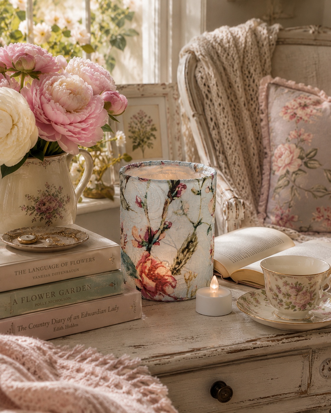Handmade Floral Fabric Tea Light Lantern: Teal Home Decor