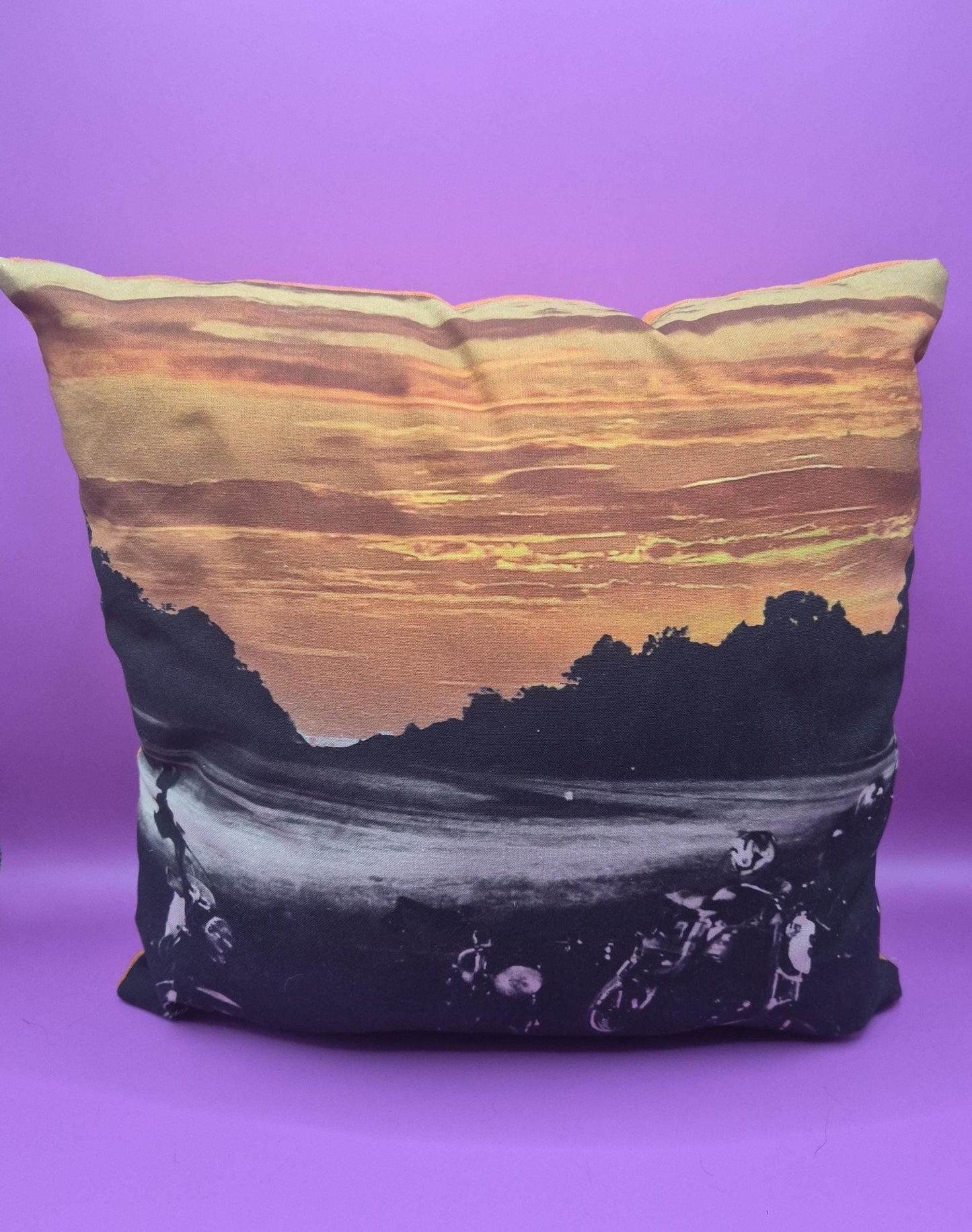 Sunset Motorcycle Scene Cushion: Unique Digitally Printed Art Cushion