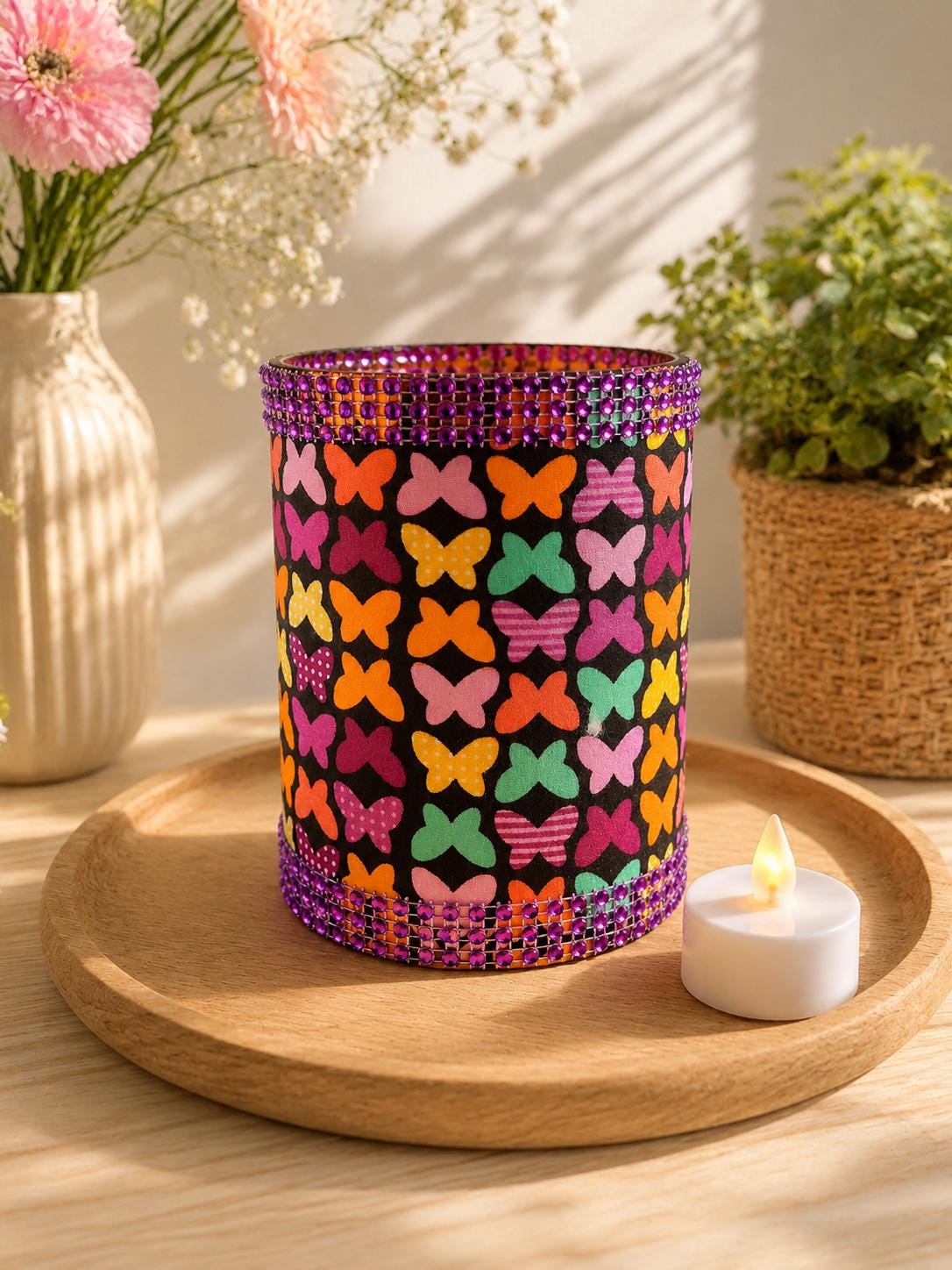 Butterfly Fabric Tea Light Lantern: Handmade LED Holder with Rhinestone Trim