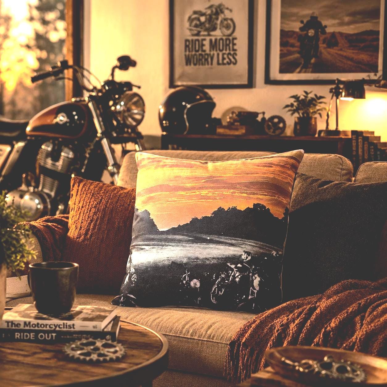 Sunset Motorcycle Scene Cushion: Unique Digitally Printed Art Cushion