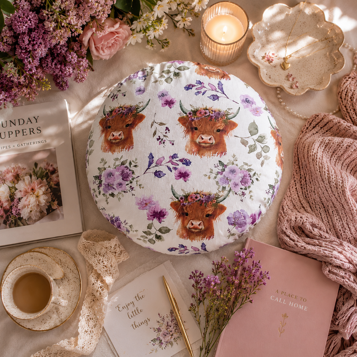 Highland Cow Cushion: Floral Print, Purple Velvet Back
