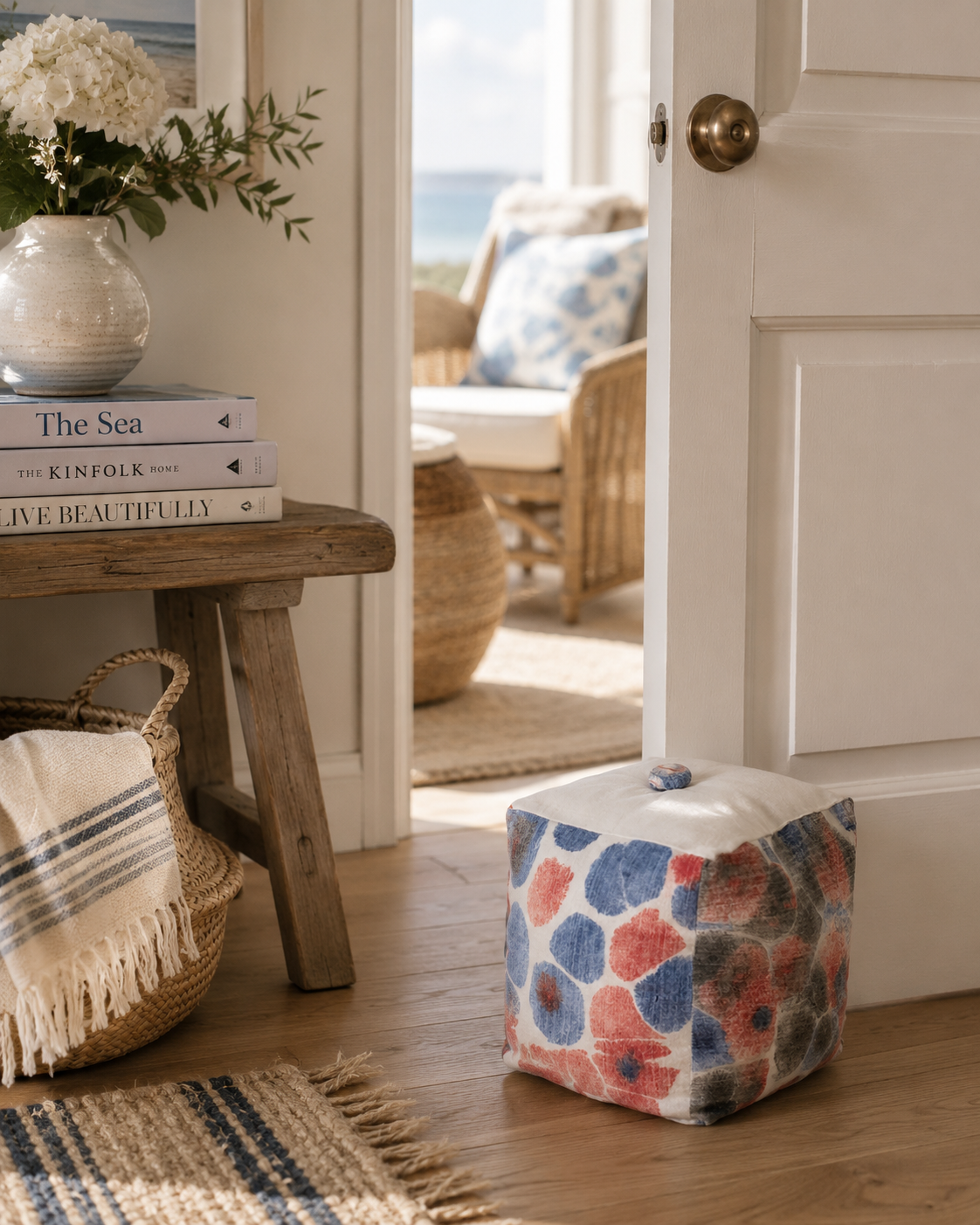 Hand-Dyed Marbled Fabric Door Stop: Red & Blue Cotton Home Decor