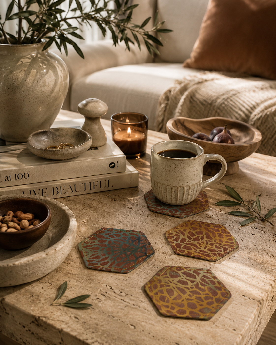 Hand-Printed Coaster Set: Eco-Friendly Home Decor