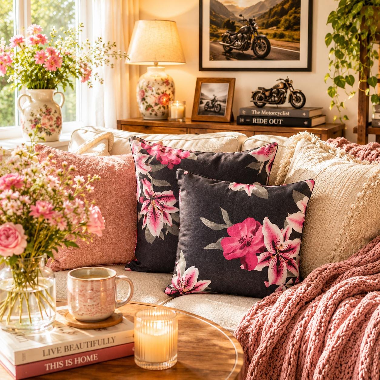 Black Floral Throw Pillow Covers: Summer Home Decor, Set of 2