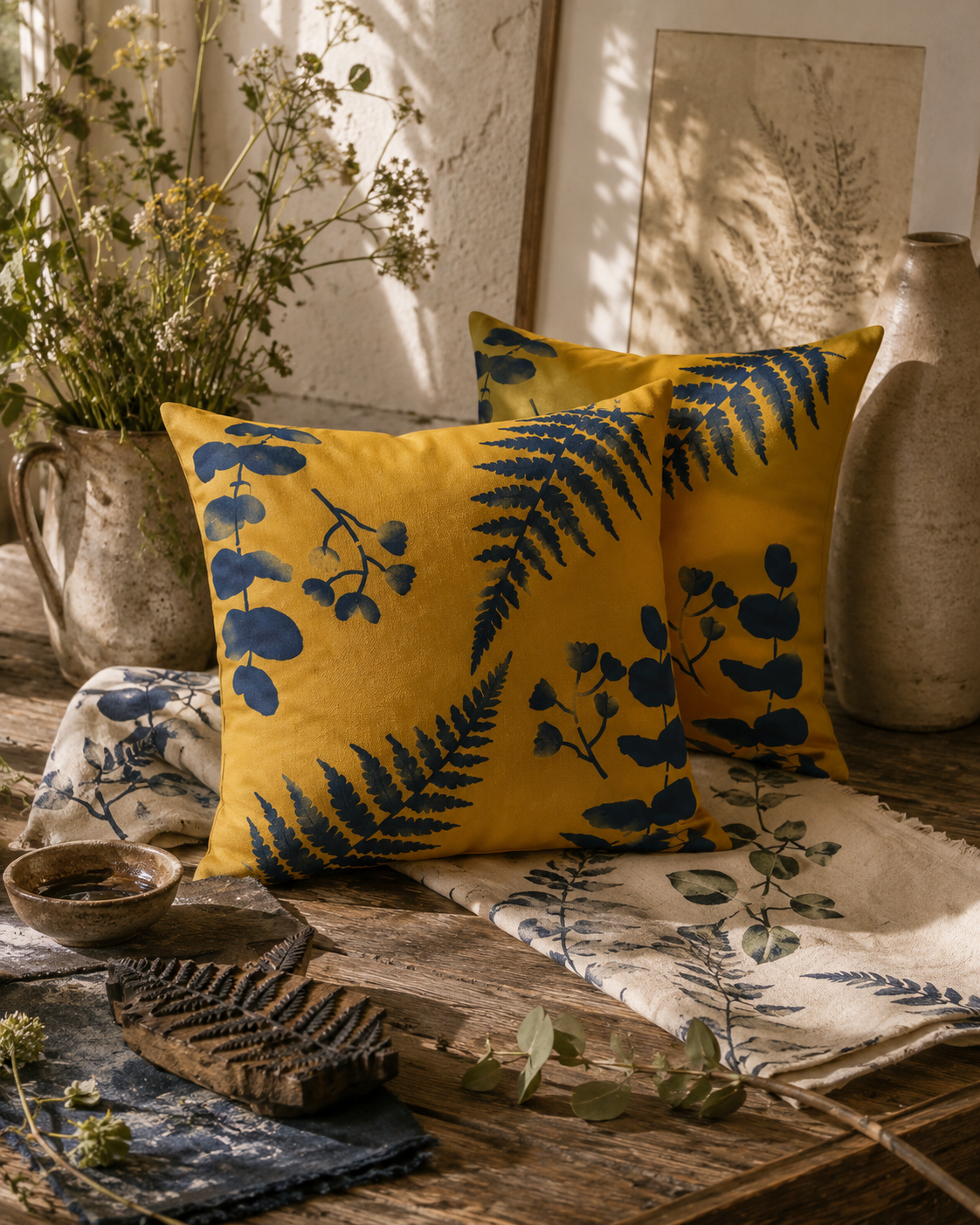 Floral Outdoor Cushions: Hand-Printed Yellow & Blue Water-Resistant Pillows