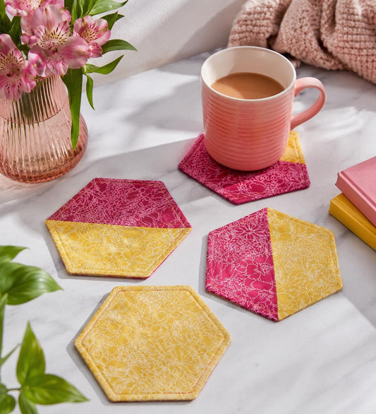 Floral Fabric Coasters: Set of 4 Hexagonal, Yellow & Pink