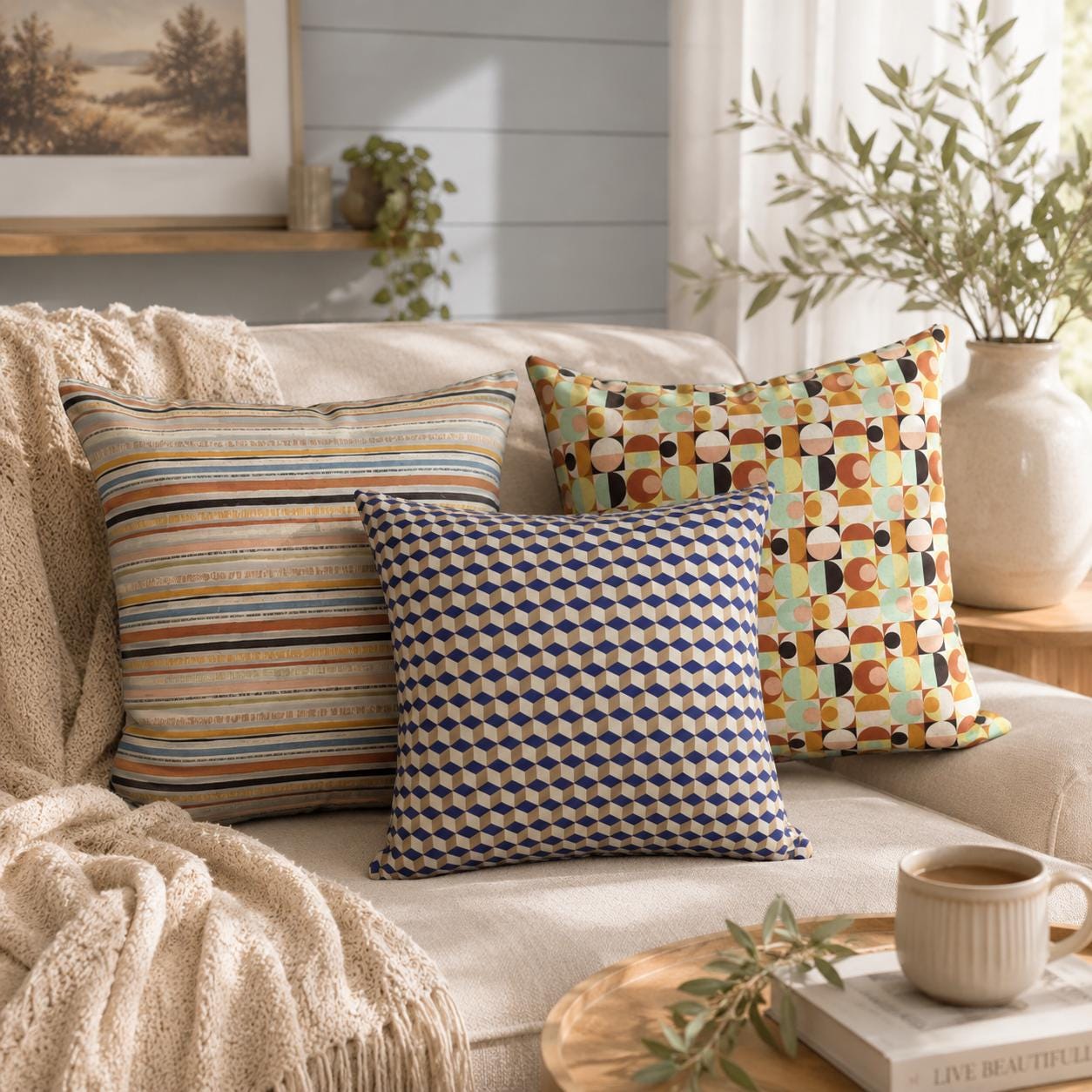 Geometric Print Cotton Cushion: Rustic Autumn Decor (40x40cm)
