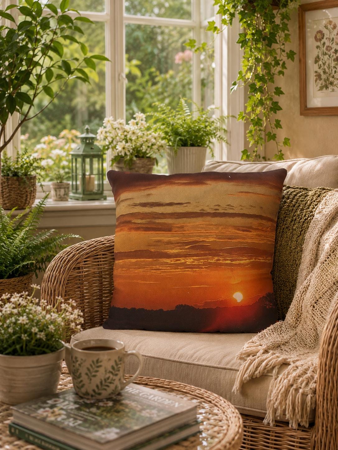 Sunset Landscape Cushion Cover | Hand-Dyed Backing, Digital Print Pillow (30x30cm)