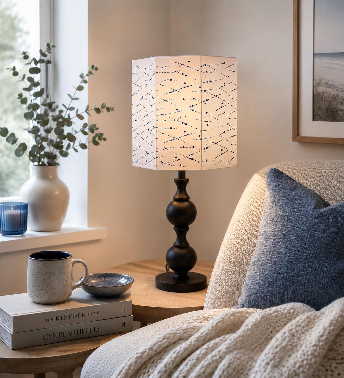 Blue Polka Dot Lampshade: Minimalist Hexagon Shade, Living Room Decor