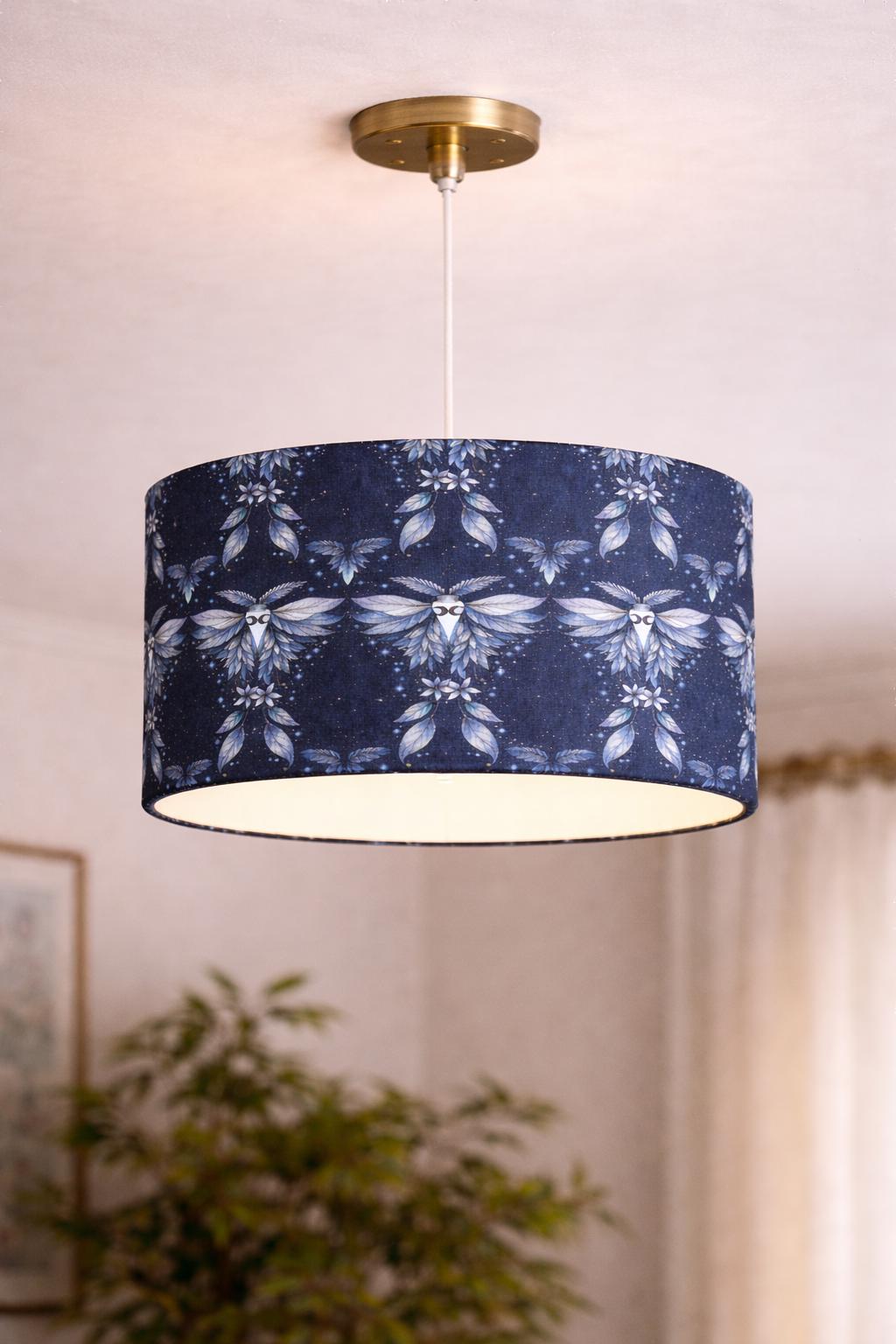 Blue Moth Lampshade 30cm Drum | Celestial Night Sky Design, Silver Inner (UK Made)