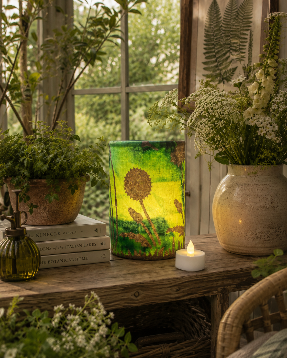 Hand-Dyed Fabric LED Lantern: Dandelion Flower Art Tealight Holder