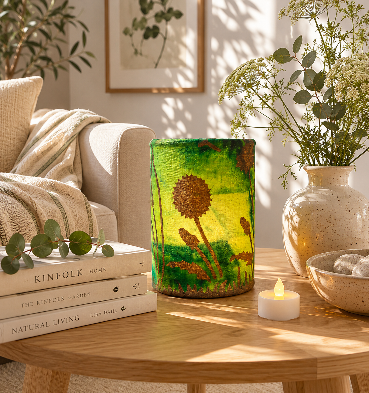 Hand-Dyed Fabric LED Lantern: Dandelion Flower Art Tealight Holder