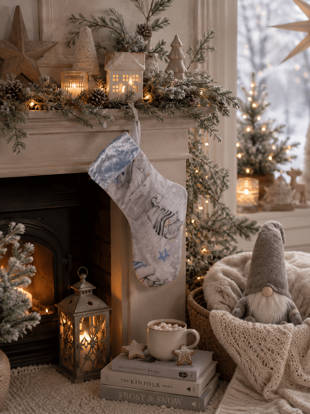 Gonk Fabric Christmas Stocking: Blue Velvet Trim, Festive Decor
