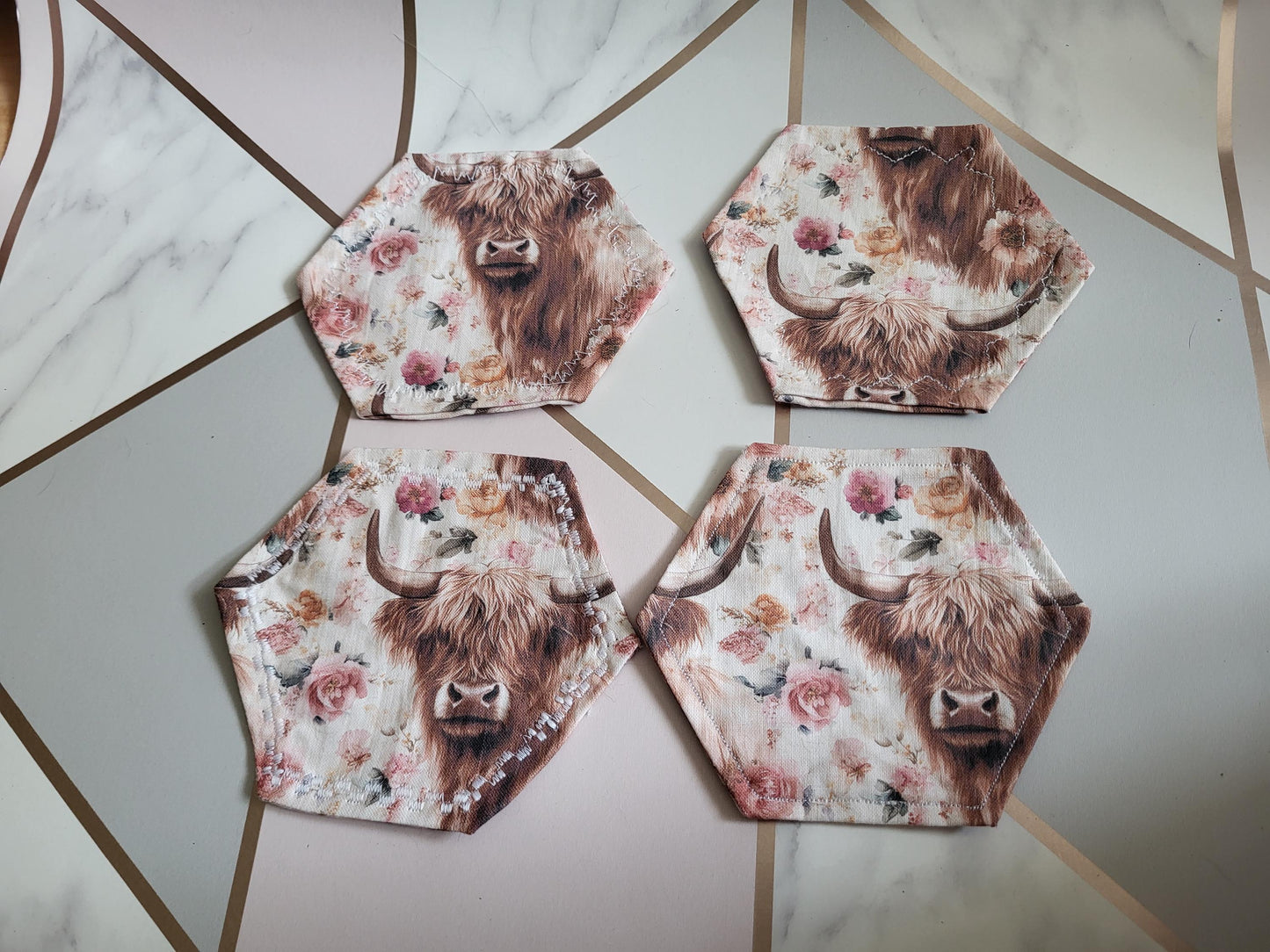 Highland Cow Fabric Coasters: Set of 4 Hexagon Coasters