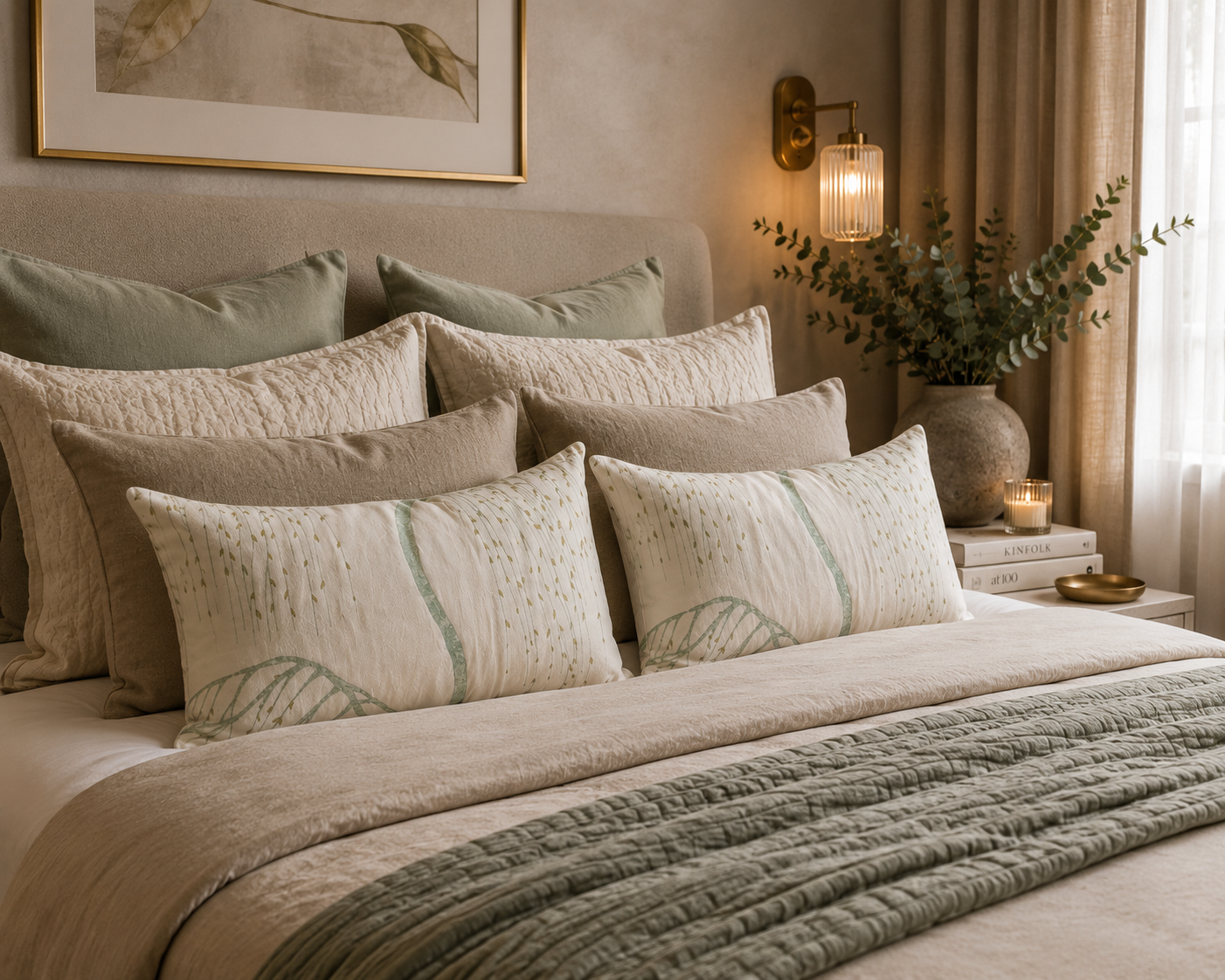 Willow Tree Cotton Cushions: Green and Gold Nature Decor (Set of 2)