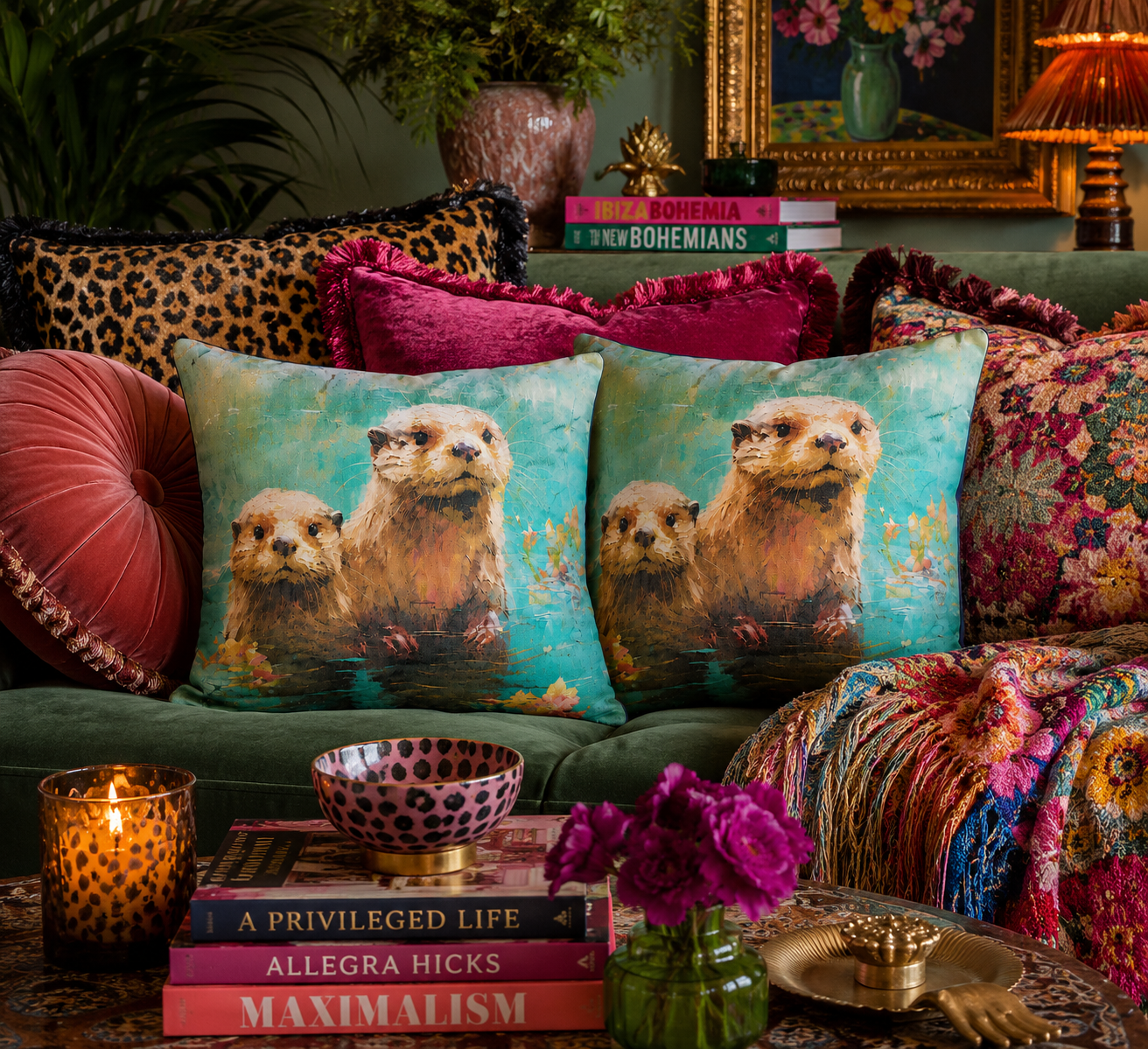 Otter Family Watercolour Print Cushions | Nature Inspired Coastal Home Décor (30x30cm)