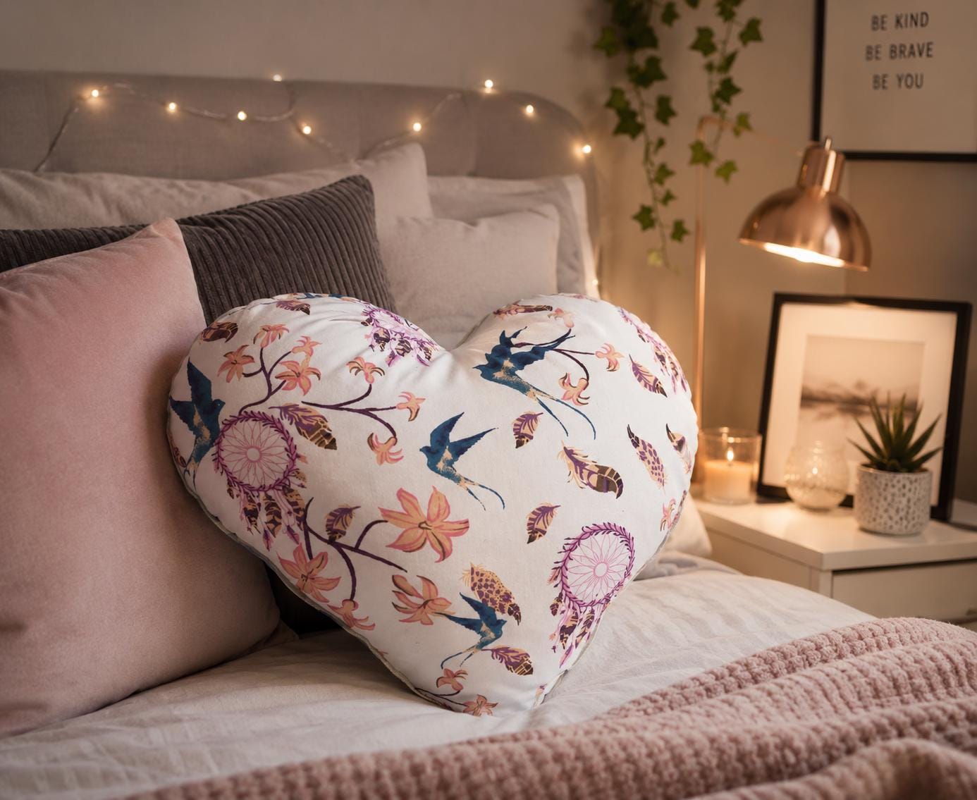 Floral Heart Cushion: Bird & Dreamcatcher Print Pillow