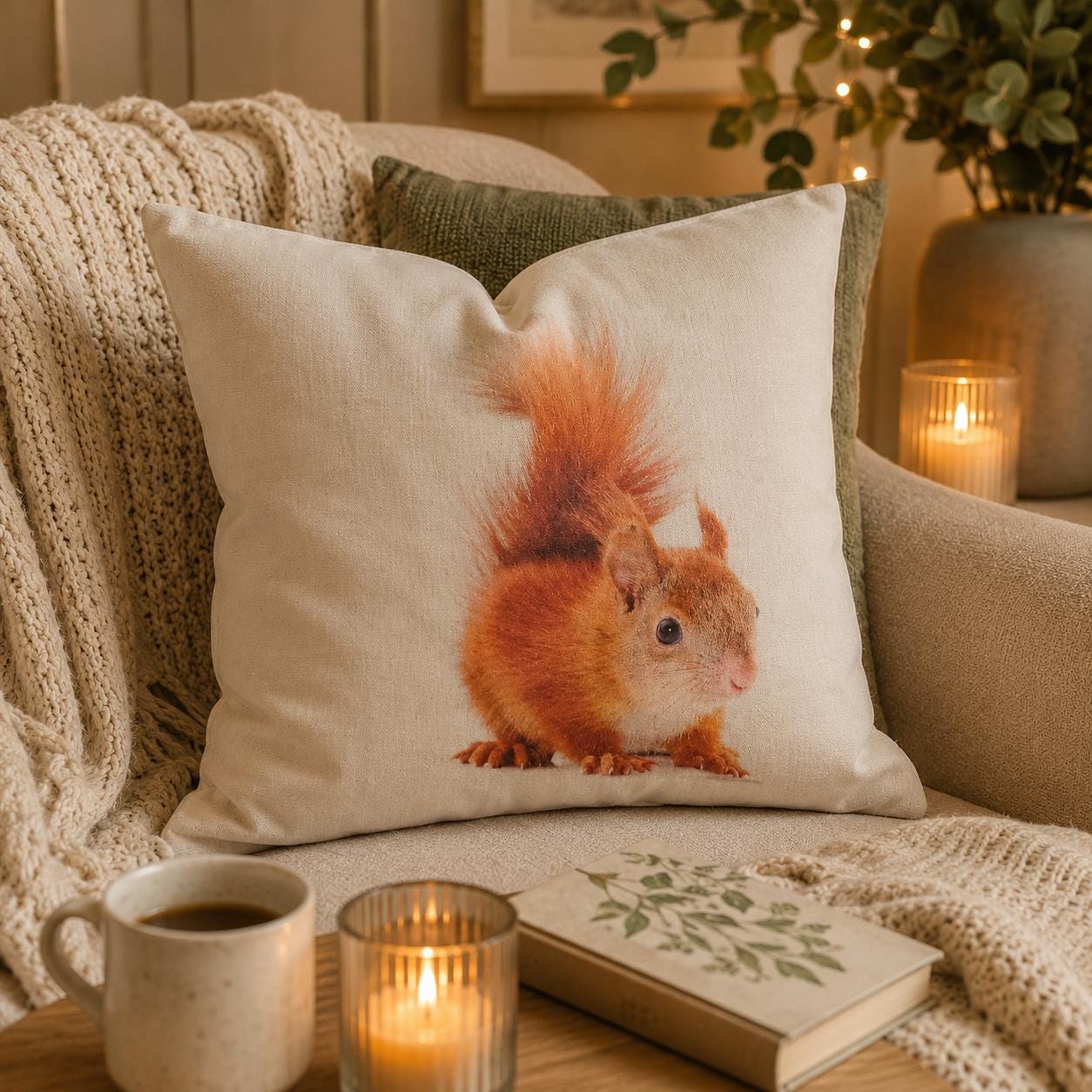 Red Squirrel Print Cotton Cushion: Animal Lover Gift, Summer Decor