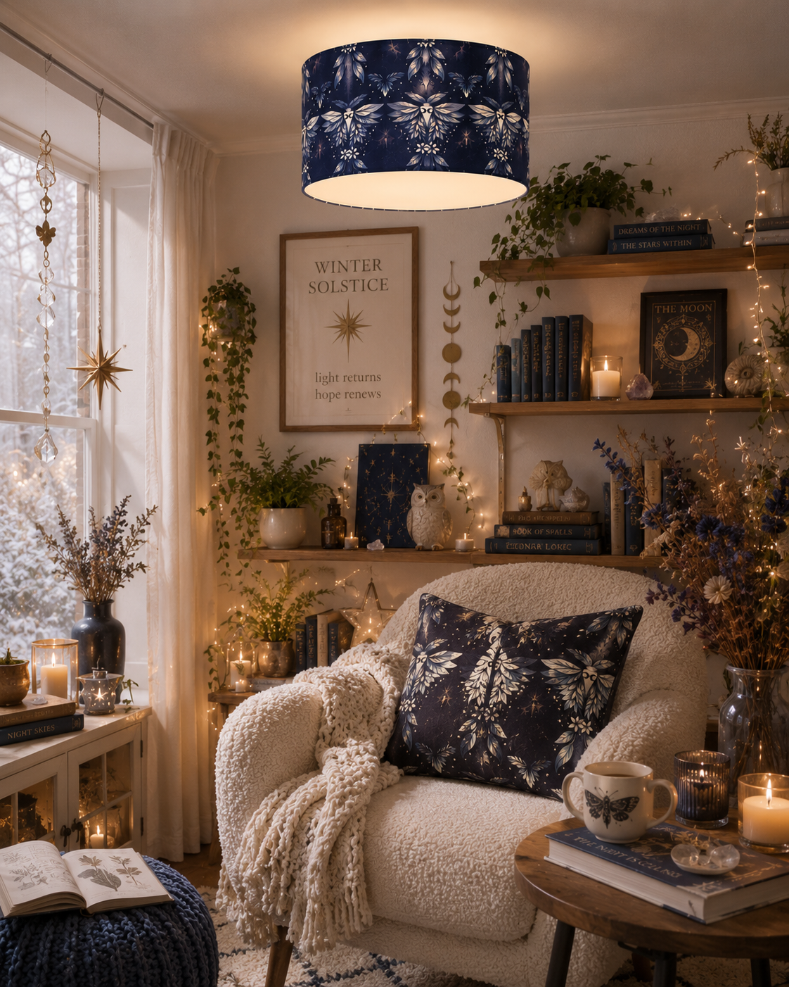 Blue Moth Lampshade 30cm Drum | Celestial Night Sky Design, Silver Inner (UK Made)
