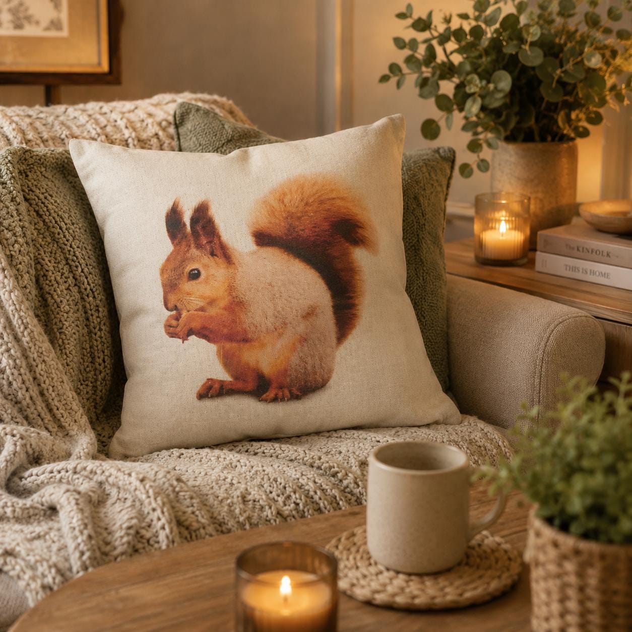 Red Squirrel Print Cotton Cushion: Animal Lover Gift, Summer Decor