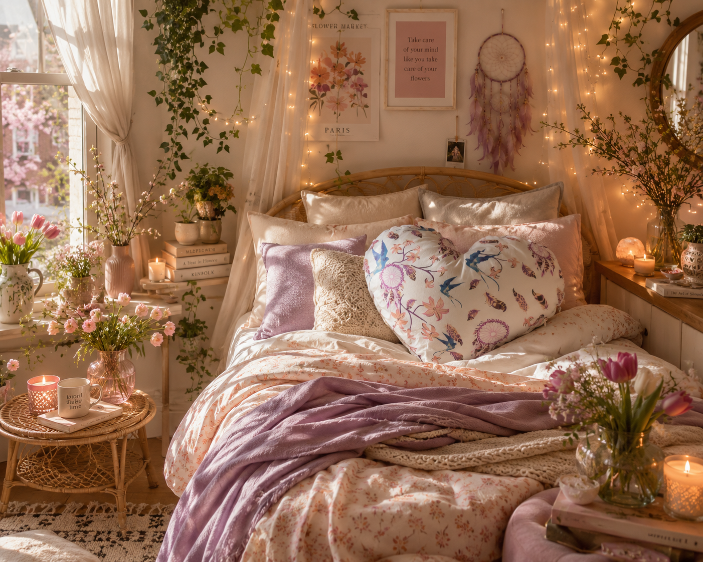 Floral Heart Cushion: Bird & Dreamcatcher Print Pillow