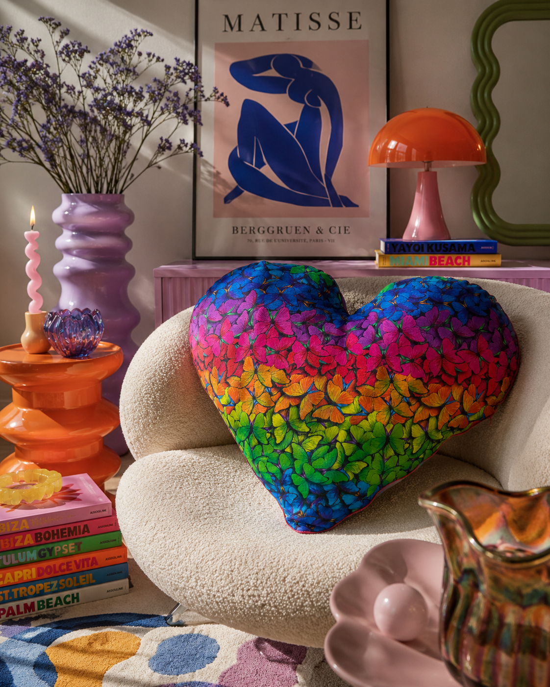Rainbow Butterfly Print Heart Cushion: Vibrant Girls Room Decor