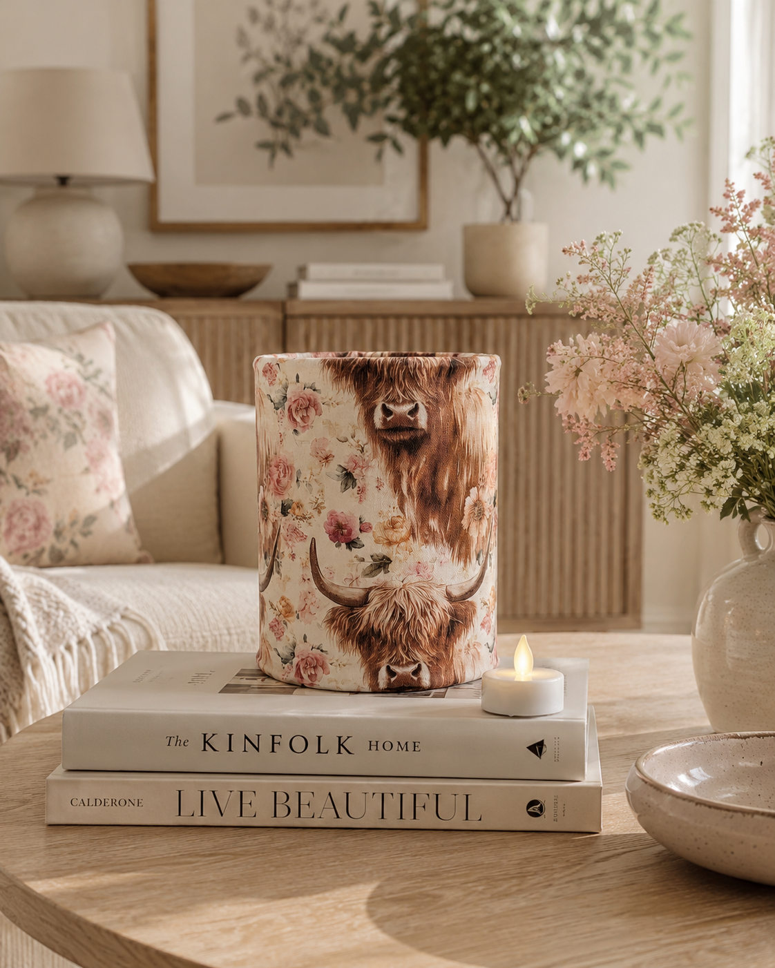Highland Cow Fabric LED Lantern: Farmhouse Tealight Holder