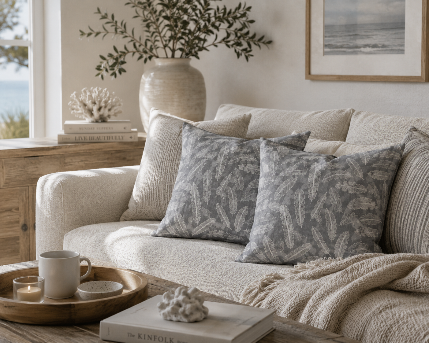 Feather Print Grey Cushion Cover: Hand-Dyed Minimalist Decor