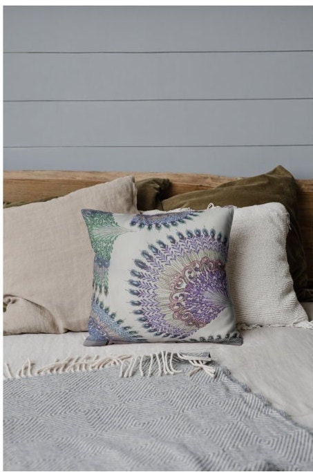 Peacock Feather Print Cushions: Multicoloured Rectangle Pillows, Set of 2