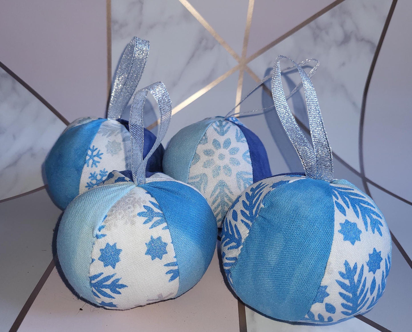 Handprinted Snowflake Fabric Christmas Baubles: Frosty Blue Set