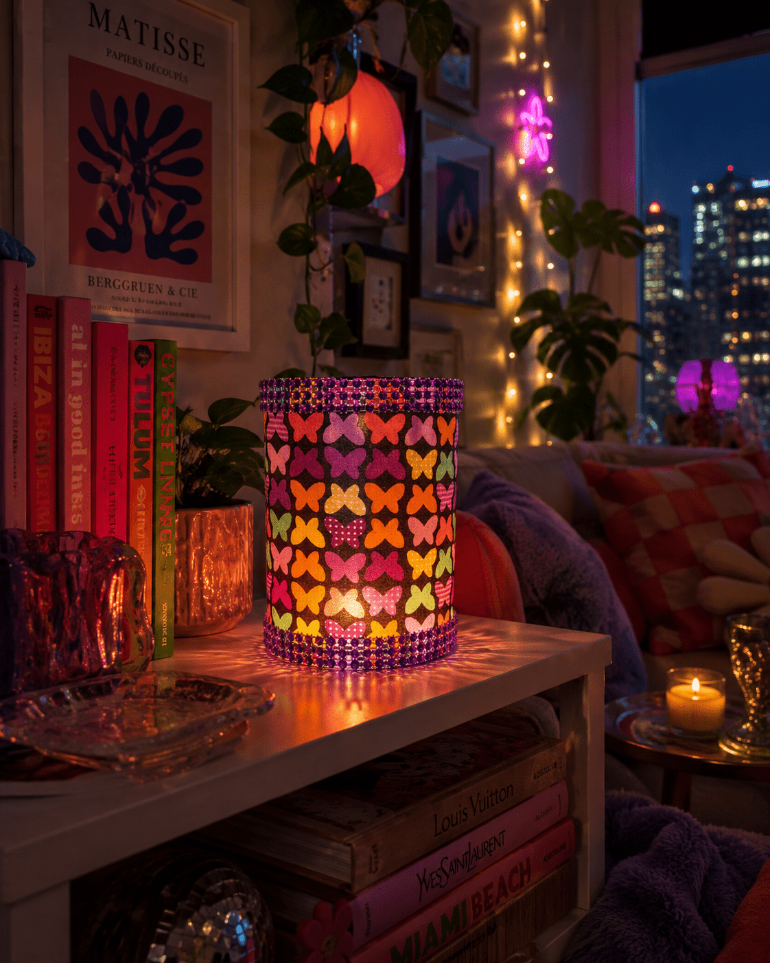 Butterfly Fabric Tea Light Lantern: Handmade LED Holder with Rhinestone Trim - KJ Designs